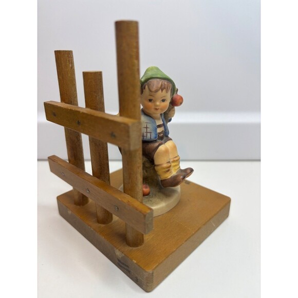M J Hummel Boy in Apple Tree Bookend Western Germany Figurine on Wood 5" Tall - Picture 2 of 8